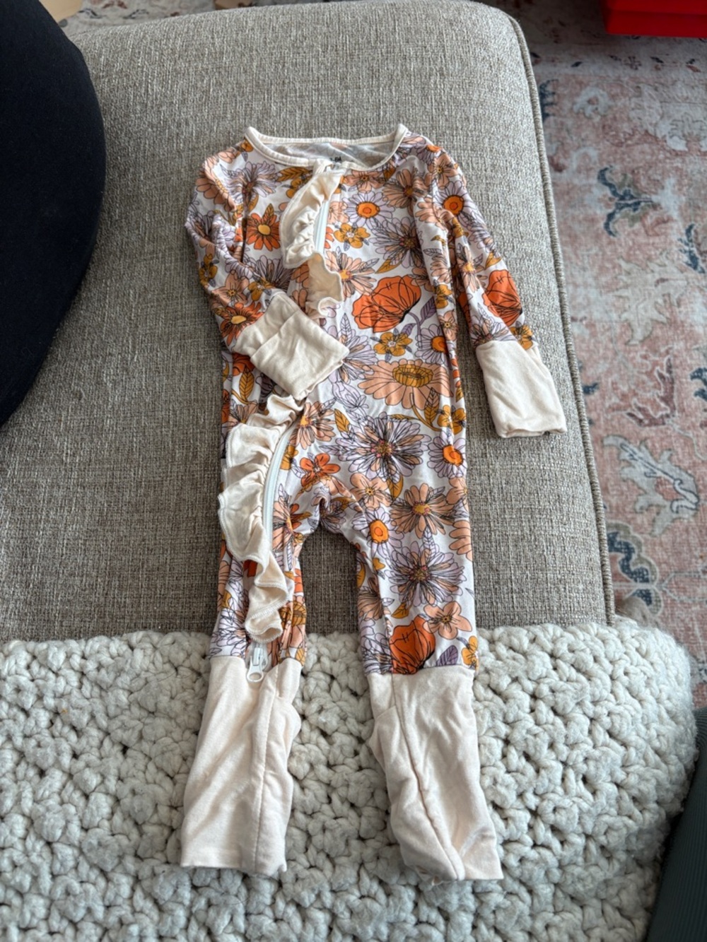 Cream and Orange Floral Baby One-Piece Romper
